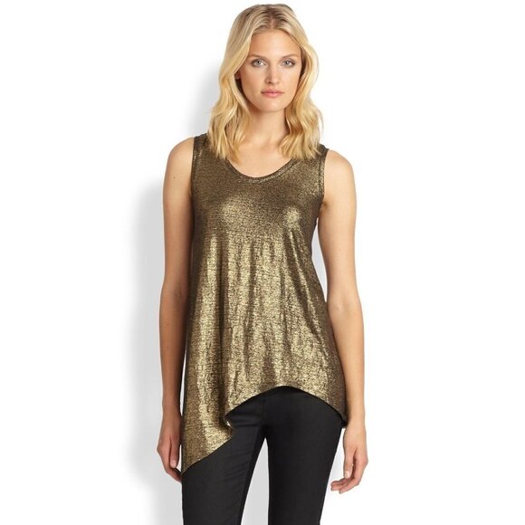 EILEEN Fisher Gold Knit Metallic Party Top Asymmetric Small Mob Wife - Picture 1 of 8